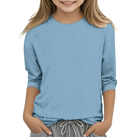 OSOLU Toddler Girls Casual Lightweight Knit Shirt Crew Neck 3/4 Sleeve Shirt Tops Comfy Loose Solid Color Girls Pullover 5 13 Years Leisure Dailywear, 12-13 Years