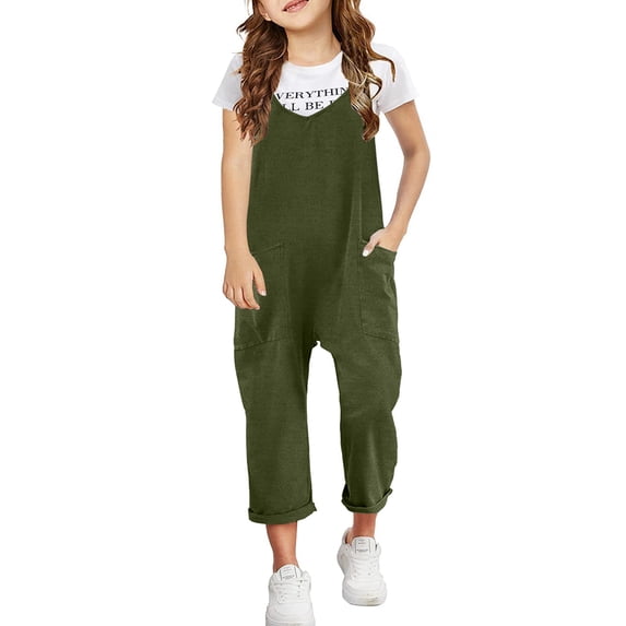 OSOLU Toddler Girls Casual Sleeveless Jumpsuit Onesies Spaghetti Strap Loose Overalls Rompers Long Pants With Pocket 1 Piece Overalls Baby Leisure Dailywear, 4-5 Years