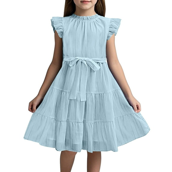 OSOLU Toddler Girls Dresses Ruffle Sleeves Summer Dress Ruffle Neck Chiffon Dress Plain Child Dress Elegant A-Line Party Dress Kids Festive Dress With Belt 5 13 Years Cute Dailywear, 120.00