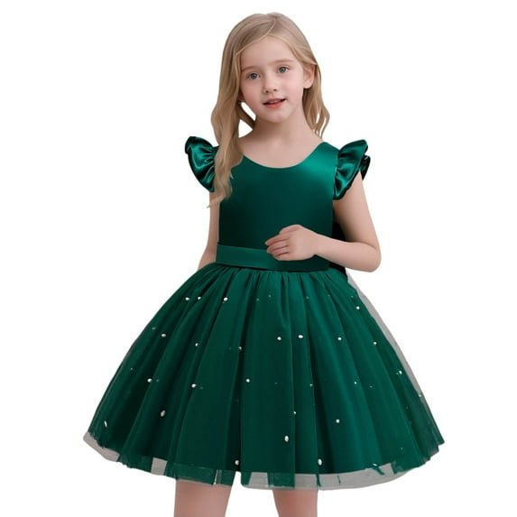 OSOLU Toddler Girls Fly Sleeve Dresses Pearl Decoration Solid Color Bowknot Princess Dress Leisure Dailywear, 2-3 Years