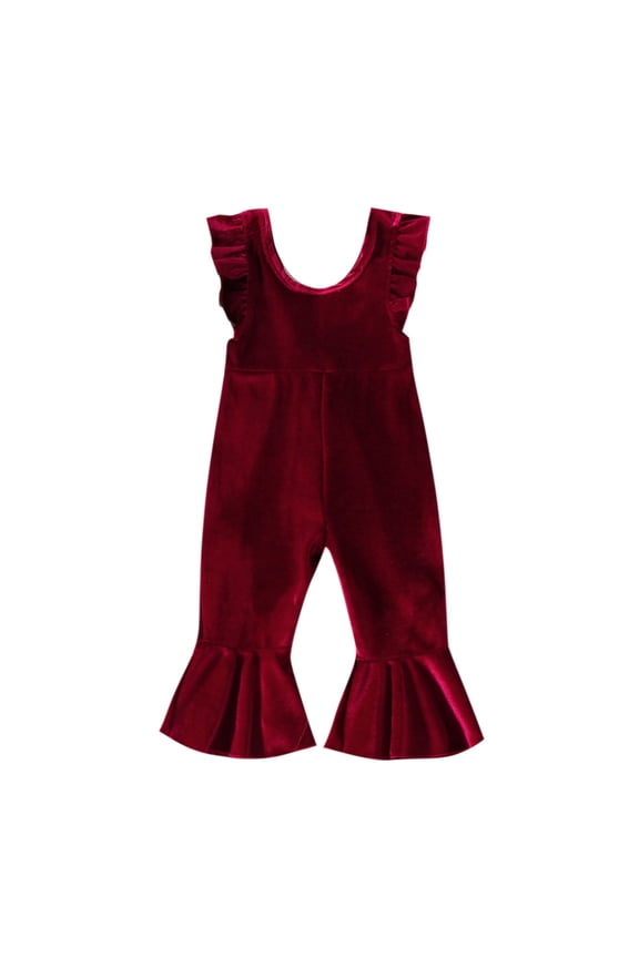 Toddler Girls Ruffles Fly Sleeve Solid Color Romper Bell Bottoms Flare Jumpsuit Onesie Birthday Dailywear, 6-12 Months