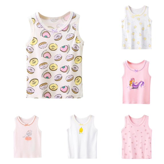 OSOLU Toddler Girls Sleeveless Tank Tops Cute Cartoon Doughnut Print Lace Collar Daily Inner Wear Tee Beige