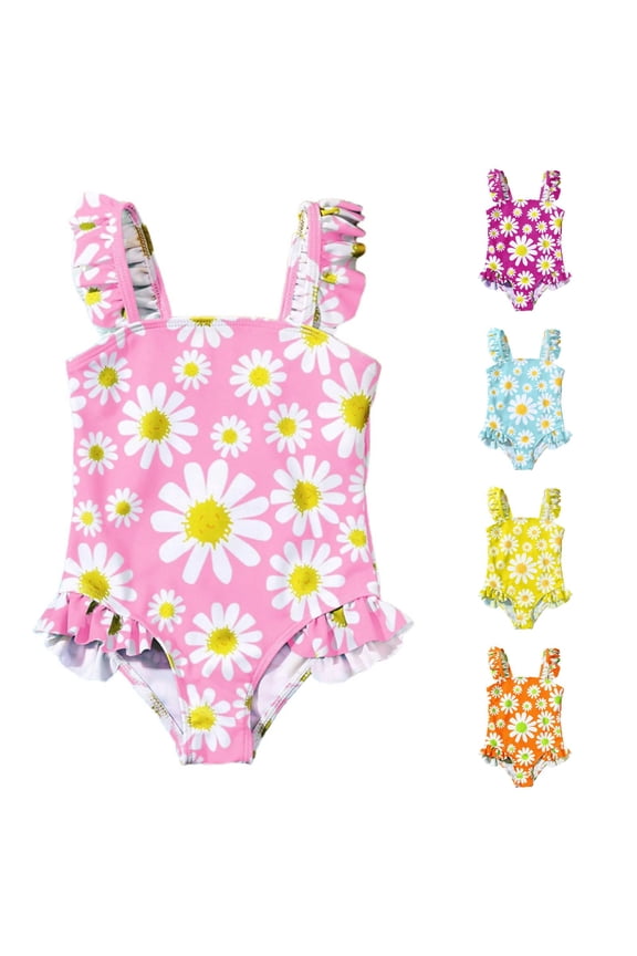 Toddler Kids Girls Swimsuit Ruffle Sunflower Printed Full Coverage One Piece Bathing Suit 1-5Y Stylish Beachwear