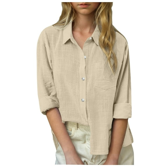OSOLU Toddler Kids Linen Shirt Long Sleeve Pleated Button Down Blouse Blouse Spring Summer Casual Loose Fit Lightweight Tops Stylish Dailywear, 13-14 Years