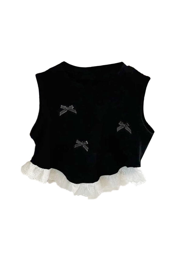 Toddler Spring/summer Girls Bow Short Vest Style Baby Lace Lace Patchwork Sleeveless Tops Trend Infants Cute Dailywear, 3/100
