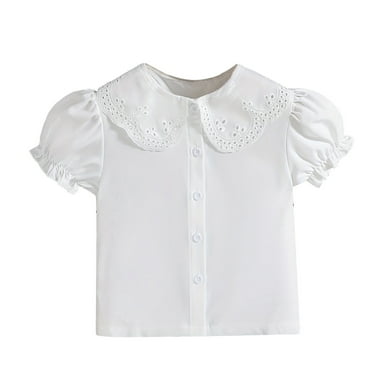 OSOLU Toddler Summer Baby Girl Pure White Open Patterned Dress With A Crew Neck And Puff Sleeves T-Shirts Short Sleeved T Shirt Tee Tops Baby Classic Dailywear, 4-5 Years