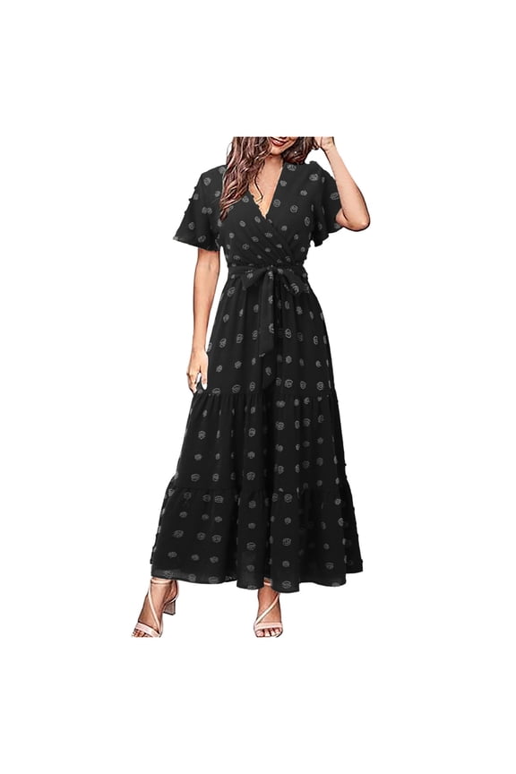 Women Boho Dot Maxi Dresses Wrap V-Neck Flutter Short Sleeve Solid Color Tie Belt A-Line Tiered Flowy Long Dresses Comfort Sundress Dresses For Women 2025 Elegant Classy