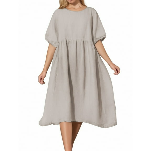 OSOLU Women Casual Dress Short Sleeve O-Neck Basic Solid Color Everyday Summer Spring Dresses Holiday Hawaiian Flowy Sundress