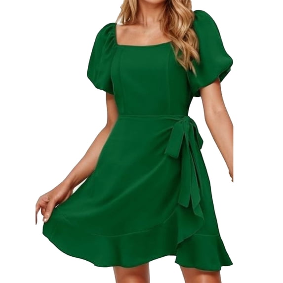 OSOLU Women Casual Dress Square Neck Short Sleeve Flounce Hem Everyday Summer Dress Basic Solid Color Dresses For Fall Travel Breathable Hawaiian Flowy Sundress
