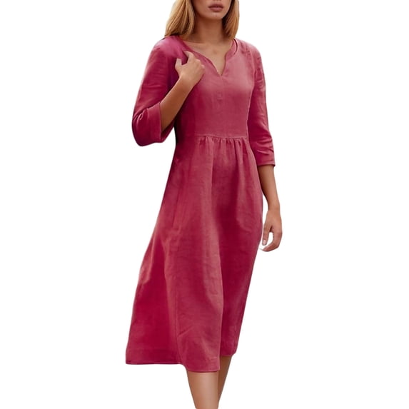 OSOLU Women Casual Dress V-Neck Mid Long Sleeve Basic Solid Color Everyday Comfortable Spring Summer Fall Dresses Fashionable Sundress Dresses For Women 2025 Elegant Classy