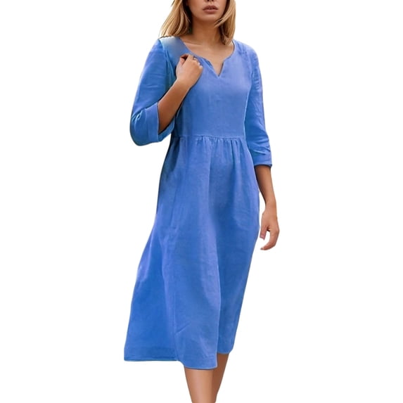 OSOLU Women Casual Dress V-Neck Mid Long Sleeve Basic Solid Color Everyday Comfortable Spring Summer Fall Dresses Stylish Sundress Dresses For Women 2025 Elegant Classy