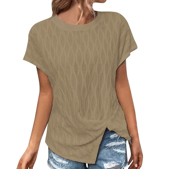 OSOLU Women Casual Loose Solid Color Crew Neck Mesh Knitted Jacquard Bat T-Shirt Short Sleeve Tee Tops Trendy Dailywear