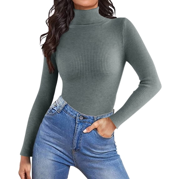 OSOLU Women Casual Solid Color Bottoming Shirt Slim High Collar Knitted Long Sleeve Tops Trendy Dailywear