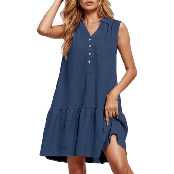 OSOLU Women Casual V-Neck Sleeveless Dress Button Front Solid Color Everyday Summer Spring Basic Dresses Soft Sundress Vacation 2025 Elegant Classy Dresses