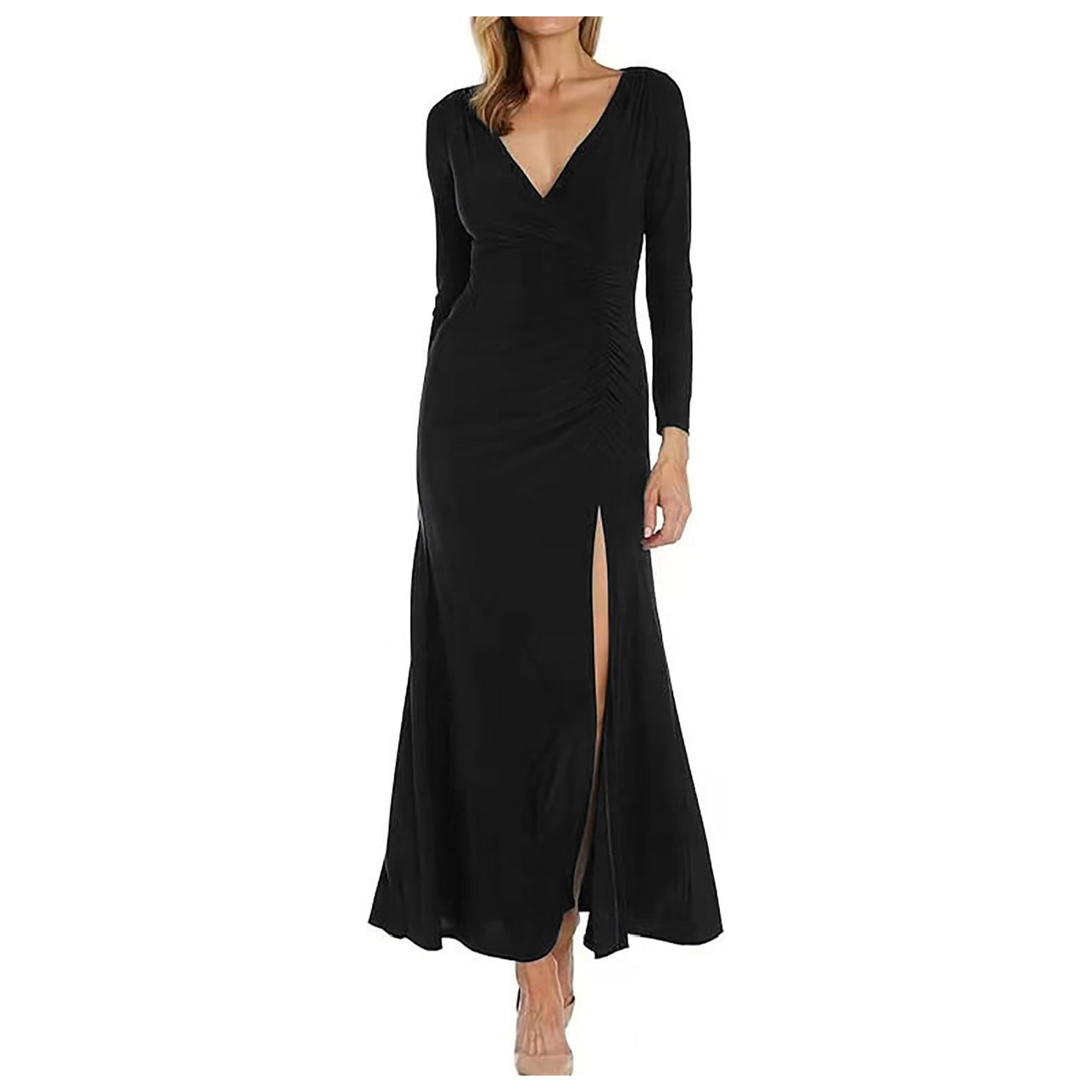 OSOLU Women Dresses Solid Color New Evening Dress Form Fitting V-Neck With Side Ruffles Side Slit Long Sleeve Dress Relaxed Fit Sundress Wedding Guest Dress - Walmart.com OSOLU Women Dresses Solid Color New Evening Dress Form Fitting V-Neck With Side Ruffles Side Slit Long Sleeve Dress Relaxed Fit Sundress Wedding Guest Dress - Walmart.com