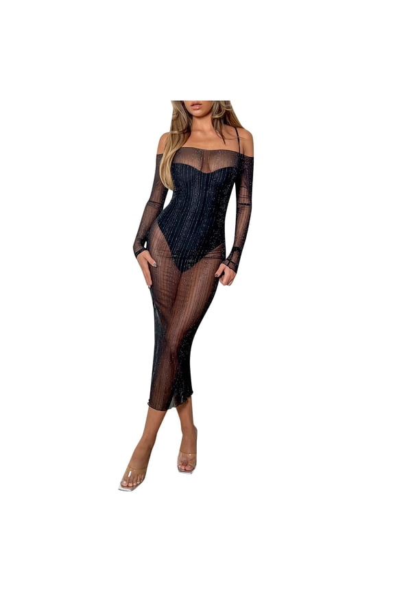 Women Dresses Solid Color Sewn Sequin Golden Thread Mesh Dress Starry Diamond Full Skirt Glamorous Evening Gown Cozy Sundress Wedding Guest Dress