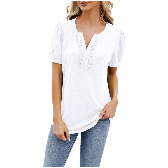 OSOLU Women Fashion Casual Solid Color Women V-Neck Button Ruffle Edge T-Shirt Short Sleeve Tshirts Tee Tops Leisure Dailywear
