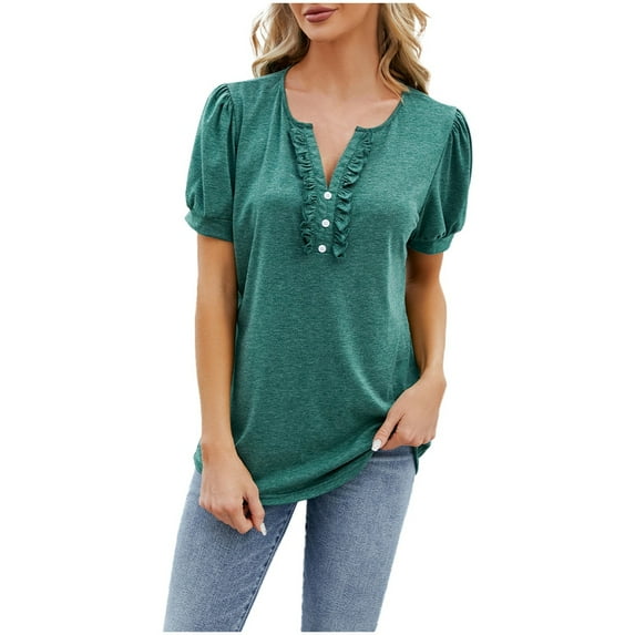 OSOLU Women Fashion Casual Solid Color Women V-Neck Button Ruffle Edge T-Shirt Short Sleeve Tshirts Tee Tops Leisure Dailywear