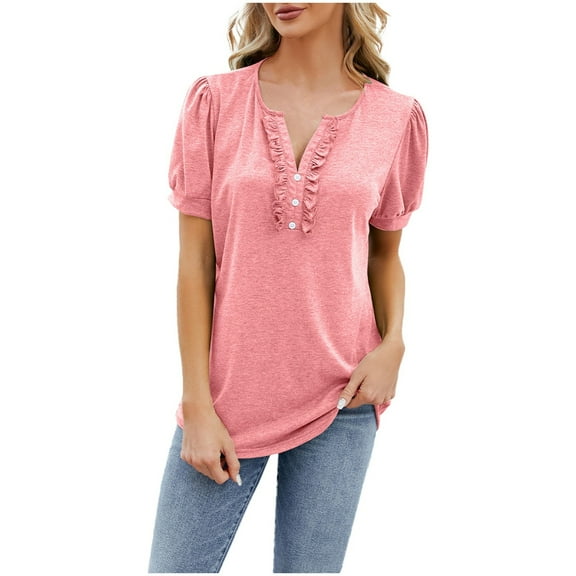 OSOLU Women Fashion Casual Solid Color Women V-Neck Button Ruffle Edge T-Shirt Short Sleeve Tshirts Tee Tops Soft Dailywear