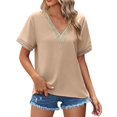 thumbnail image 1 of OSOLU Women Fashion Casual Summer V-Neck Solid Color Gold Lace Stitching Short Sleeve Loose T-Shirt Tshirts Tee Tops Classic Women Tops Dressy Casual, 1 of 4