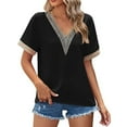 thumbnail image 1 of OSOLU Women Fashion Casual Summer V-Neck Solid Color Gold Lace Stitching Short Sleeve Loose T-Shirt Tshirts Tee Tops Cozy Dailywear, 1 of 5