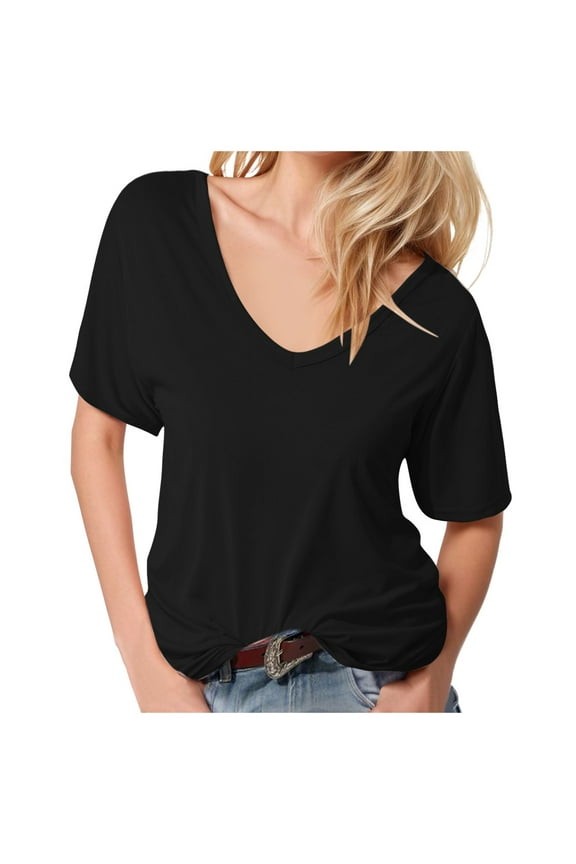 Women Fashion Deep V-Neck Tops Solid Color Casual Loose Short Sleeve Shirts Leisure Women Tops Dressy Casual