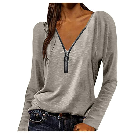 OSOLU Women Fashion Long Sleeve Solid Color V-Neck T-Shirt Casual Loose Basic Tops Classic Women Tops Dressy Casual