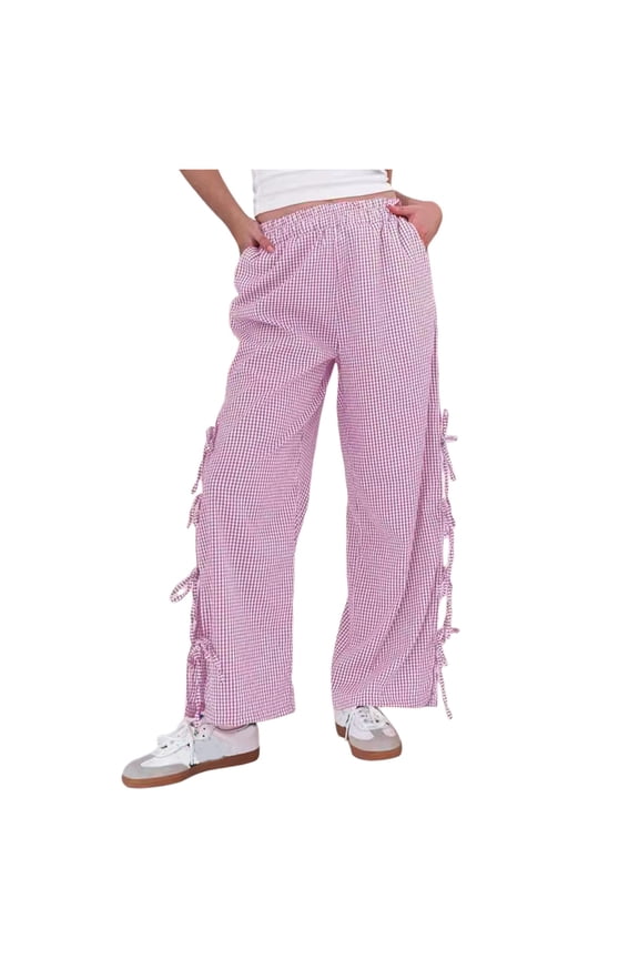 Women Fashion Plaid Strappy Hem Trousers Everyday Comfort Versatile Workout Training Joggers Bottoms