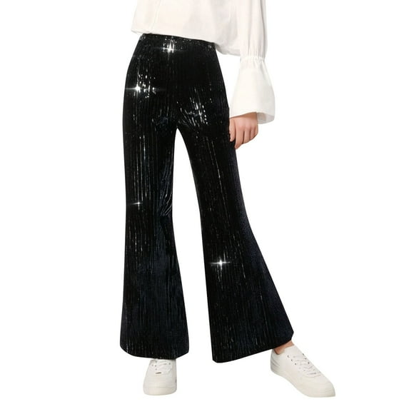 OSOLU Women Fashion Sequined Pants Stretch High Waisted Wide Leg Pants Solid Color Loose Pants Sparkly Holiday Carnival Party Dance Pants Trousers Fashionable Classic Leisure Bottoms