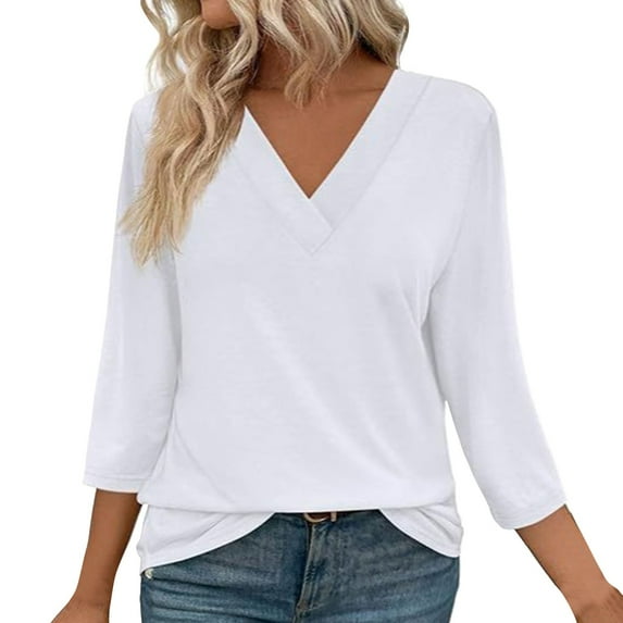 OSOLU Women Fashion Solid Color 3/4 Sleeve T-Shirt Tee Tops V-Neck Casual Loose Tops Cozy Dailywear