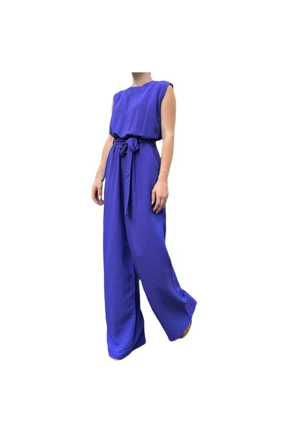 Women Fashion Solid Color Casual Jumpsuit Temperament Loose Waist Belted Loose Wide Leg Trousers Daily Relaxed Fit Breathable Bottoms