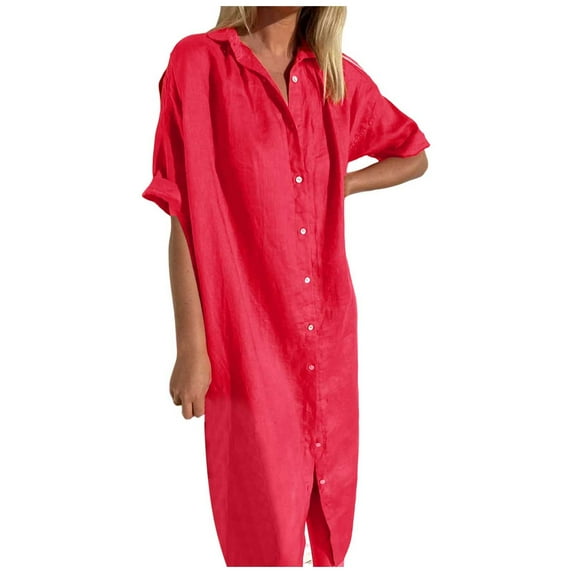OSOLU Women Fashion Solid Color Elegant Casual Loose Short Sleeve Button Skirt Long Pocket Shirt Dress Leisure Sundress Wedding Guest Dresses For Women