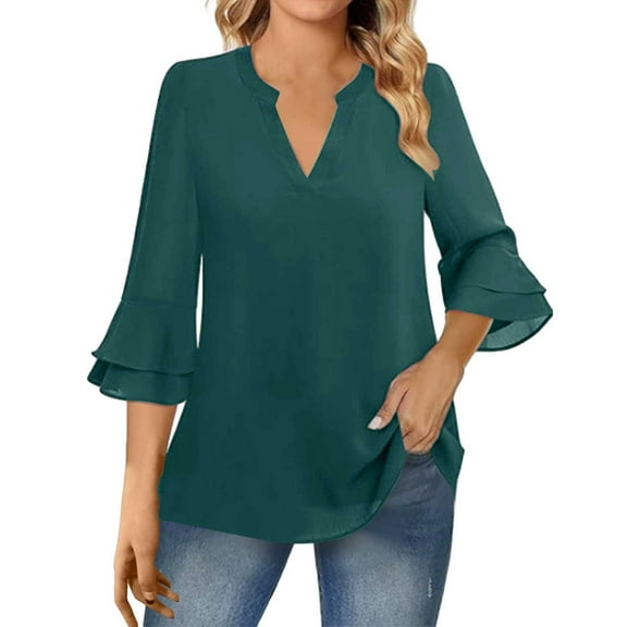 OSOLU Women Fashion Solid Color V-Neck Casual 3/4 Sleeve Pearl Chiffon T-Shirt Tshirts Tee Tops Cozy Dailywear