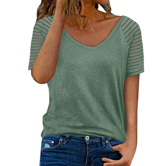 OSOLU Women Fashion V-Neck Solid Color Short Sleeve Casual Loose T-Shirt Tshirts Tee For Women Trendy Dailywear