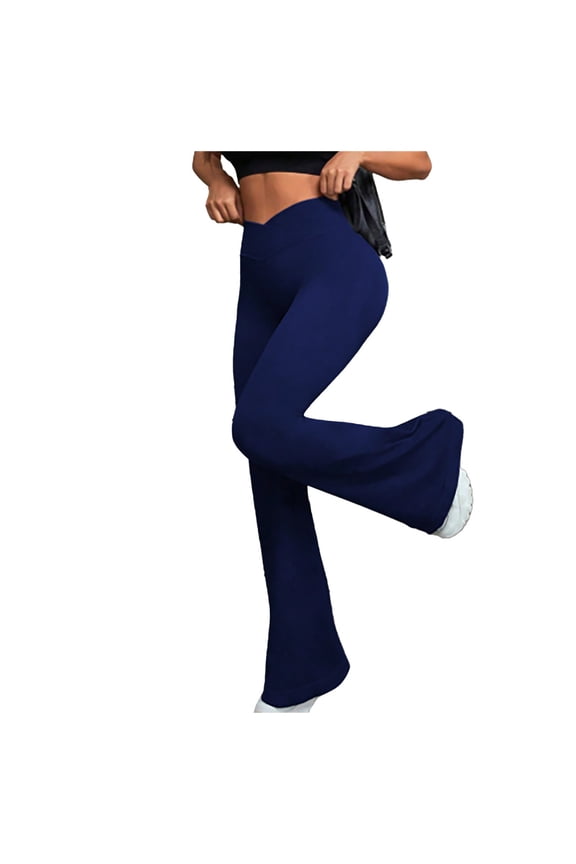 Women Flare Leggings Yoga Pants With High Waist And Wide Leg Workout Stretchy Running Tummy Control Joggers Bottoms Navy S