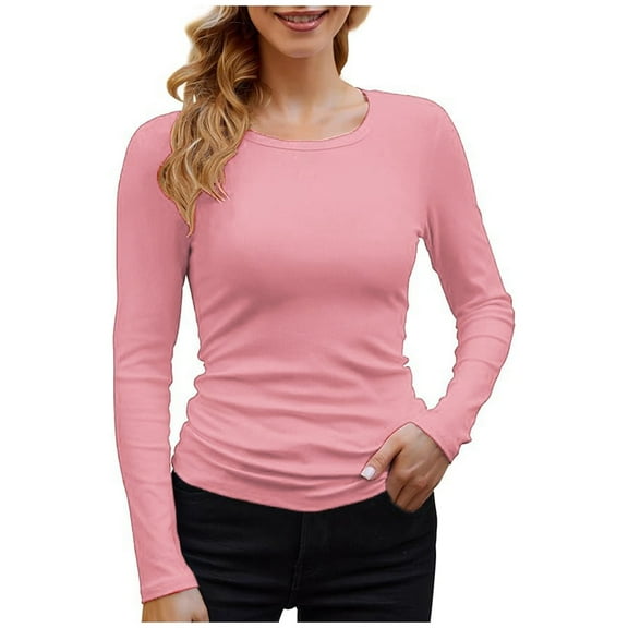 OSOLU Women Ladies Fashion Fit Loose Crew Neck Slim Tops Solid Color Long Sleeve T-Shirt Tee Tops Leisure Dailywear