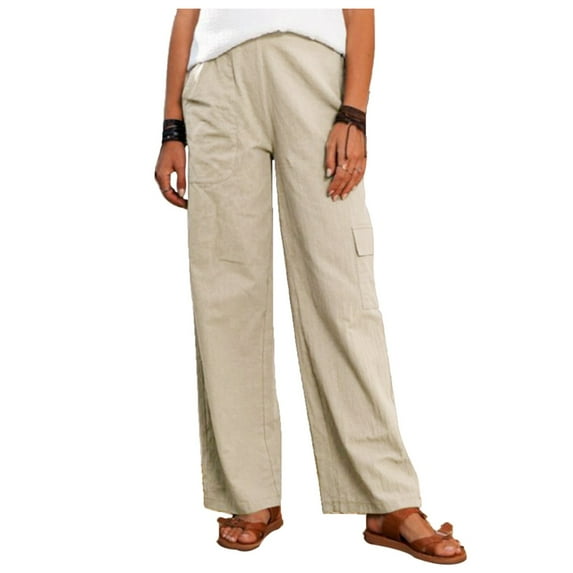 OSOLU Women Linen Multi-Pockets Solid Color Casual Pants Loose Long Trousers Overalls Pants Daily Relaxed Fit Breathable Active Athletic Casual Bottoms