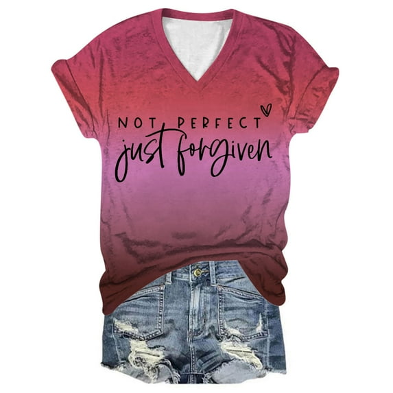 OSOLU Women Not Just Forgiven Gradient Letter Print Tops Short Sleeve V-Neck T-Shirt Tee Tops Fashionable Dailywear