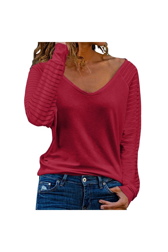 Women Paneled Long Sleeve Tops Solid Color Casual Loose Shirt T-Shirt Tee Tops Cute Dailywear