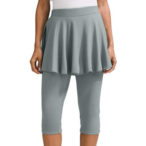 OSOLU Women Pants Yoga Skirted Leggings With Flared Hem Calf Length Light Gray XXL