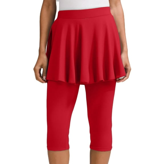 OSOLU Women Pants Yoga Skirted Leggings With Flared Hem Calf Length Red XXL