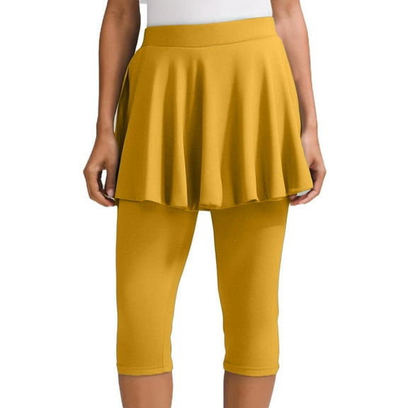 OSOLU Women Pants Yoga Skirted Leggings With Flared Hem Calf Length Yellow L