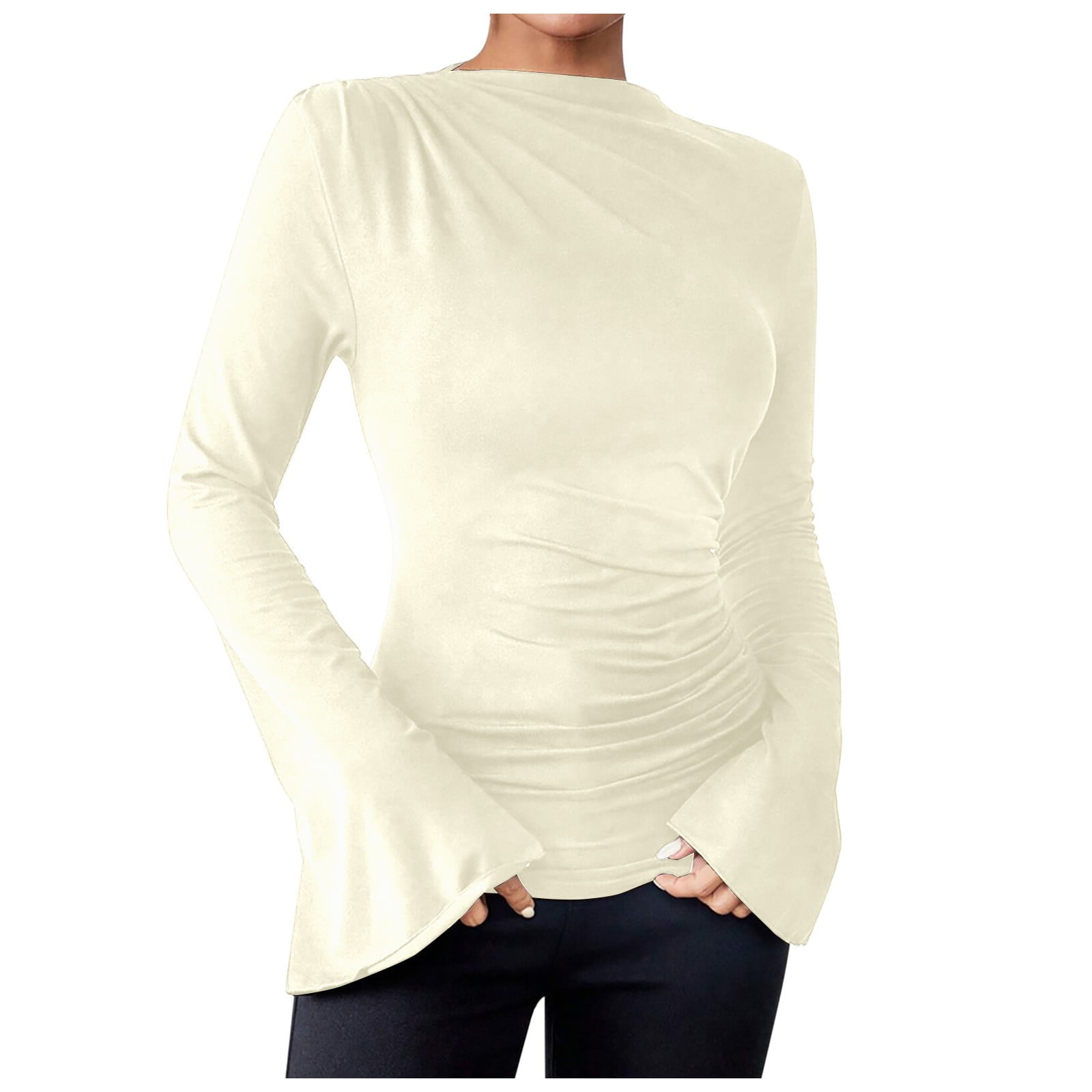 OSOLU Women Ruched Neck Long Ruffle Sleeve Stretch Solid Color Basic ...