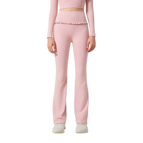OSOLU Women Ruffled Flared Yoga High Waist Sports Flared Pants Workout Stretchy Running Tummy Control Joggers Bottoms Light Pink S