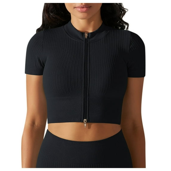 OSOLU Women Seamless Knit Solid Color Ribbed Yoga Tops With Zipper Short Sleeve Shirt Lovely Dailywear