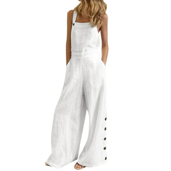 OSOLU Women Sleeveless Overalls Jumpsuit Casual Solid Color Summer Wide Leg Bib Pants Bottons Wide Leg Jumpsuit Romper With Pockets Fashionable Dailywear