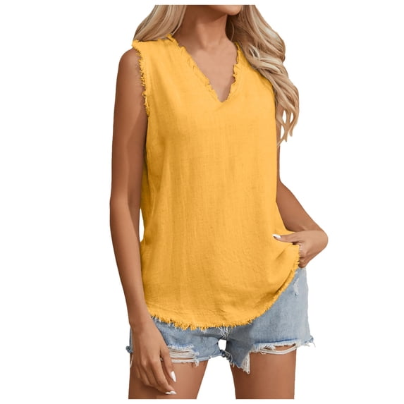OSOLU Women Sleeveless Ruffled V-Neck Tops Summer Linen Tank Tops Solid Color Edge Hem Camisoles Shirts Classic Women Tops Dressy Casual