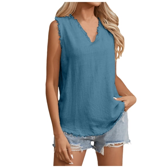 OSOLU Women Sleeveless Ruffled V-Neck Tops Summer Linen Tank Tops Solid Color Edge Hem Camisoles Shirts Holiday Dailywear
