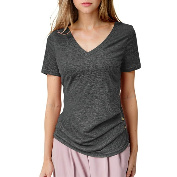 OSOLU Women Slim Fit Solid Color Casual V-Neck Short Sleeve Buttoned Pullover Tops Shirts Leisure Women Tops Dressy Casual