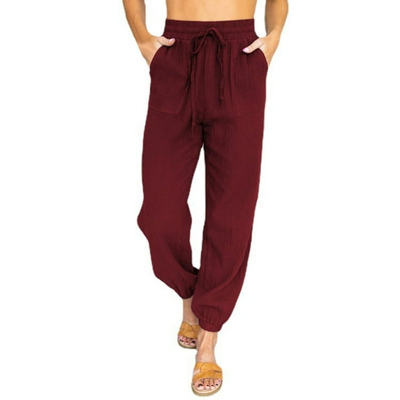 OSOLU Women Solid Color Casual Pants High Waisted Lace Up Nine Part Ankle Pants Trousers Everyday Comfort Versatile Workout Training Joggers Bottoms
